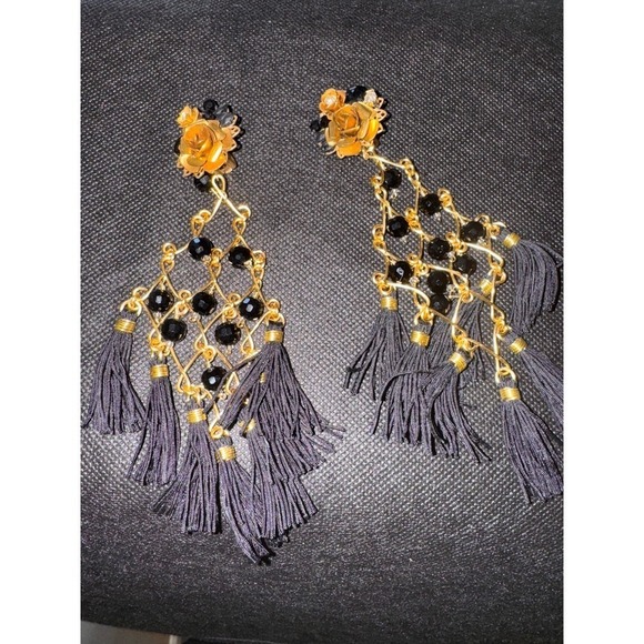 Statement Earrings Black Beaded Tassel Dangle Clip On Gold Rose Party - Picture 3 of 6
